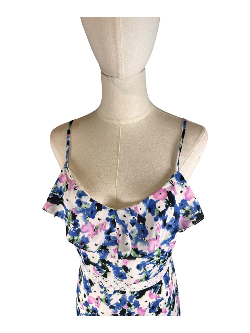 BCBGMAXAZRIA Blue Pink Floral Ruffle Cami Midi Dress Size 8 NWOT - Picture 2 of 8